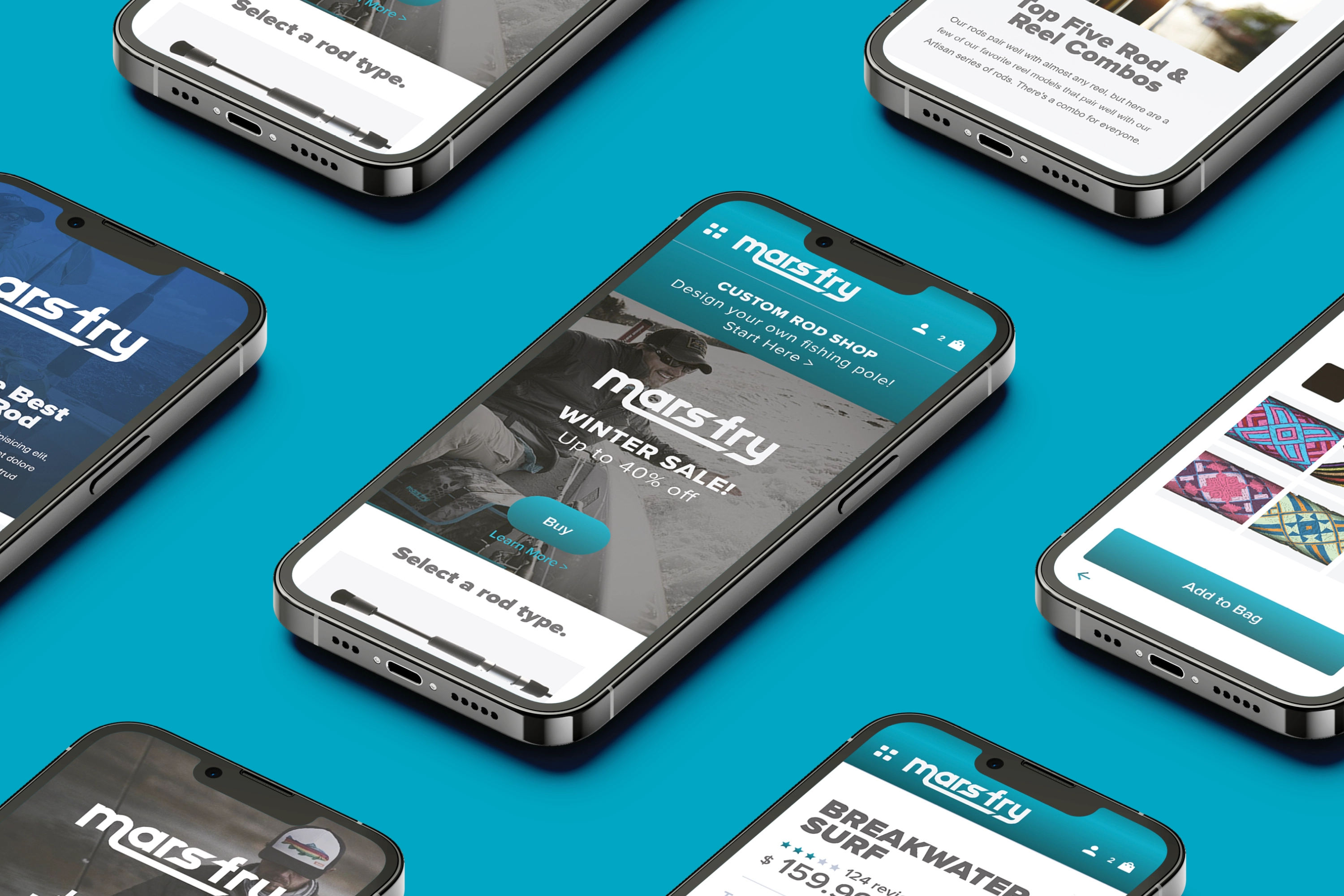 Mars Fry website mocked up on several iphones that are displayed over a blue green background.